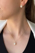6,5 mm Damla Doğal İnci Küpe Kolye İkili Set - 1