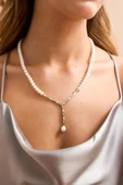 6,5 mm Baget Zirkon Taşlı Doğal İnci Kolye - 1