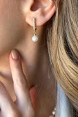 7,5 mm Sallantılı Zirkon Taşlı Doğal İnci Kadın Küpe - 1