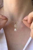 8,5 mm Oval Baget Taşlı Doğal İnci Kolye - 3