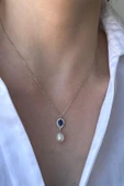 8,5 mm Damla Safir Doğal İnci Sallantı Küpe Kolye İkili Set - 4