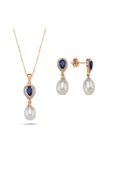 8,5 mm Damla Safir Doğal İnci Sallantı Küpe Kolye İkili Set - 2