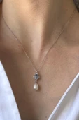 9,5 mm Mavi Renk Taşlı Doğal İnci Sallantı Küpe Kolye İkili Set - 1