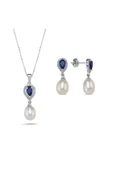 8,5 mm Damla Safir Doğal İnci Sallantı Küpe Kolye İkili Set - 9