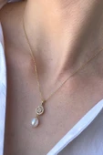 8,5 mm Oval Baget Taşlı Doğal İnci Kolye - 2