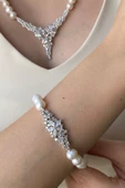 7,5 mm Çiçek Tasarımlı Zirkon Taşlı Doğal İnci Bileklik - 2