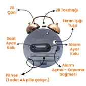 UpWay Tokmaklı Çanlı Yüksek Zil Sesli Metal Kasalı Pilli Işıklı Retro Nostaljik Çalar Saat - 8