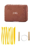 Kahve Çamur Kırmızı Kil Seramik Hamuru 2 kg Plastik Ebeşuar Seti 7 Parça Çamur Kesme Teli - 1