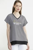 Çizgili V Yaka Payetli Tişört - Siyah thumbnail 2