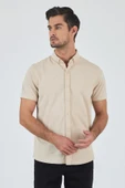 Bej Kısa Kol Düz Örme Düğmeli Yaka Cepsiz Pamuklu Classic Slim Fit Gömlek 1004250155_591 thumbnail 1