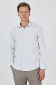 Beyaz-Gri Uzun Kol Çizgili Desen Bez Ayağı İtalyan Yaka Cepsiz Esnek Classic Slim Fit Gömlek 1004250202 thumbnail 3