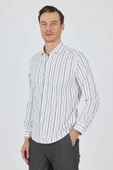Beyaz-Mavi Uzun Kol Çizgili Desen Bez Ayağı İtalyan Yaka Cepsiz Esnek Classic Slim Fit Gömlek 1004250203 thumbnail 3