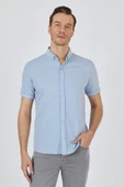 Koyu Mavi Kısa Kol Düz Örme Düğmeli Yaka Cepsiz Pamuklu Classic Slim Fit Gömlek 1004250155_300 thumbnail 3