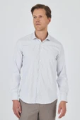 Beyaz-Gri Uzun Kol Çizgili Desen Bez Ayağı İtalyan Yaka Cepsiz Esnek Classic Slim Fit Gömlek 1004250202 thumbnail 1
