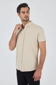 Bej Kısa Kol Düz Örme Düğmeli Yaka Cepsiz Pamuklu Classic Slim Fit Gömlek 1004250155_591 thumbnail 3