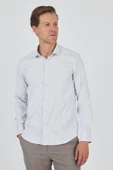 Beyaz-Gri Uzun Kol Çizgili Desen Bez Ayağı İtalyan Yaka Cepsiz Esnek Classic Slim Fit Gömlek 1004250202 thumbnail 2