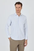Koyu Mavi Yarım İtalyan Yaka Çizgili Desen Casual Slim Fit Gömlek 1004250216 thumbnail 3