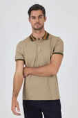 Bej Kısa Kol Düz Pike Polo Yaka Cepsiz Pamuk Casual Slim Fit Tişört 1011250103_591 thumbnail 3