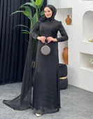 25Y4672 ELBİSE ABİYE JANJAN KUMAŞ ÖN DROPELİ OMUZ GÜL DETAYLI - 7