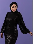 25Y3016 ELBİSE PUL PAYET BELİ KEMERLİ - 3