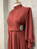 25Y4522 ELBİSE ABİYE ŞİFON GÖĞSÜ PİLİSELİ BELİ TAŞ DETAY thumbnail 5