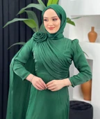 25Y4672 ELBİSE ABİYE JANJAN KUMAŞ ÖN DROPELİ OMUZ GÜL DETAYLI - 6