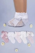 3'lü Kız Bebek Kurdele Fiyonk Detaylı Bej Gül Kurusu Beyaz Soket Çorap thumbnail 4