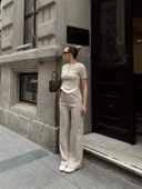 Düğme yakalı bej alt üst takım s3943 thumbnail 7