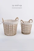 Japon Tarzı Hasır Saklama Sepeti - Küçük Boy Yuvarlak Haki thumbnail 7