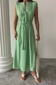 KETEN ELBİSE KOLSUZ BEL BAĞLAMALI MAXİ ELBİSE - Yeşil thumbnail 2