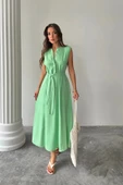 KETEN ELBİSE KOLSUZ BEL BAĞLAMALI MAXİ ELBİSE - Yeşil thumbnail 1