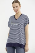 Çizgili V Yaka Payetli Tişört - Lacivert thumbnail 3