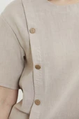 Düğme Detaylı Keten Görünümlü Rahat Takım - Taş thumbnail 5