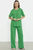 Düğme Detaylı Keten Görünümlü Rahat Takım - Yeşil thumbnail 5
