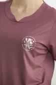 Bisiklet Yaka Baskılı Dökümlü Tişört - Gül thumbnail 4