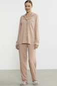 Düz Renk Gömlek Model Pijama Takım - Somon - 1