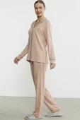 Düz Renk Gömlek Model Pijama Takım - Somon - 5