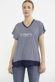 Çizgili V Yaka Payetli Tişört - Lacivert thumbnail 2