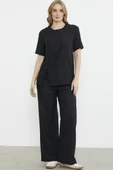 Düğme Detaylı Keten Görünümlü Rahat Takım - Siyah thumbnail 1