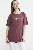 Çiçek Baskılı Bisiklet Yaka Tişört - Bordo thumbnail 4