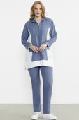 Keten Görünümlü Kapüşonlu Tunik Takım - Indigo - 1