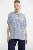 Çizgili Nakış Detaylı Tişört - Indigo thumbnail 1