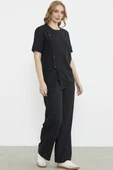 Düğme Detaylı Keten Görünümlü Rahat Takım - Siyah thumbnail 2