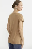 Omuz Detaylı Baskılı Penye Tişört - Kamel thumbnail 5