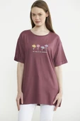 Çiçek Baskılı Bisiklet Yaka Tişört - Bordo thumbnail 1