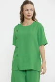 Düğme Detaylı Keten Görünümlü Rahat Takım - Yeşil thumbnail 2