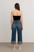 Kadın Yüksek Bel Paçası Katlı Relaxed Fit Mavi Jean Pantolon - 2