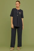 Sıfır Yaka Düğmeli Viskon Takım - Lacivert thumbnail 3