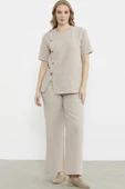 Düğme Detaylı Keten Görünümlü Rahat Takım - Taş thumbnail 1