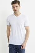 V Yaka Basic Kısa Kol Tişört - Beyaz thumbnail 1